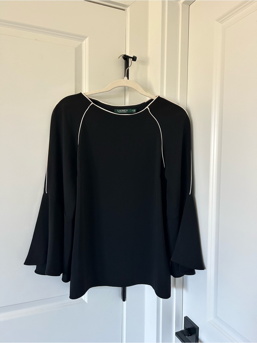 Ralph Lauren Black Long-Sleeve Bell-Sleeve Top with White Piping